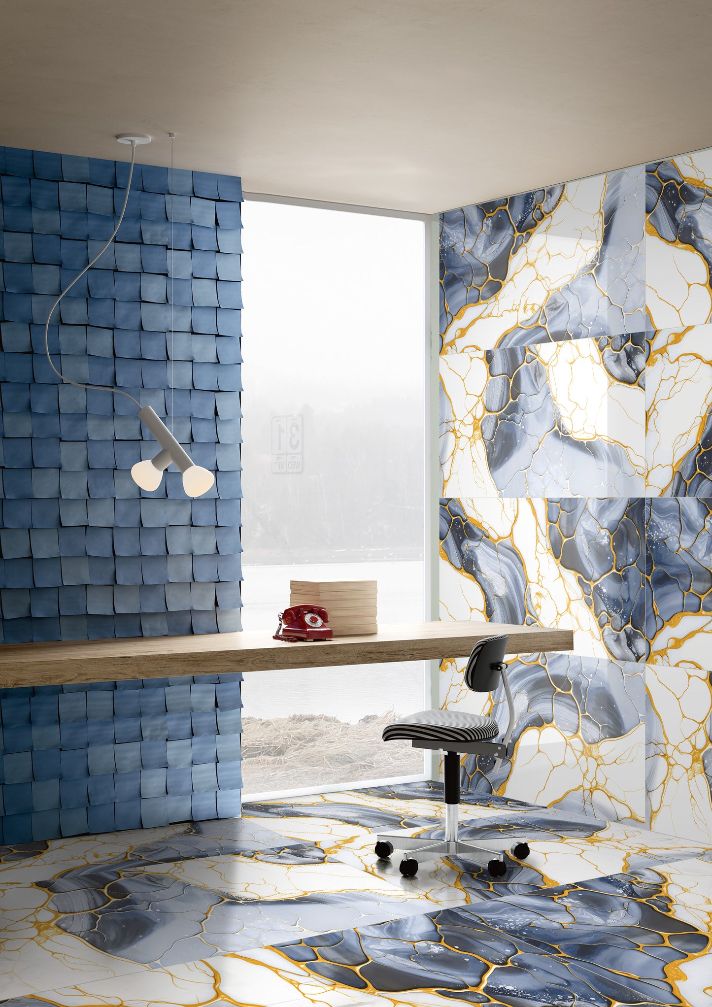 Fabulous Midnight Blue & White with Radiant Gold Webbing Porcelain Tile