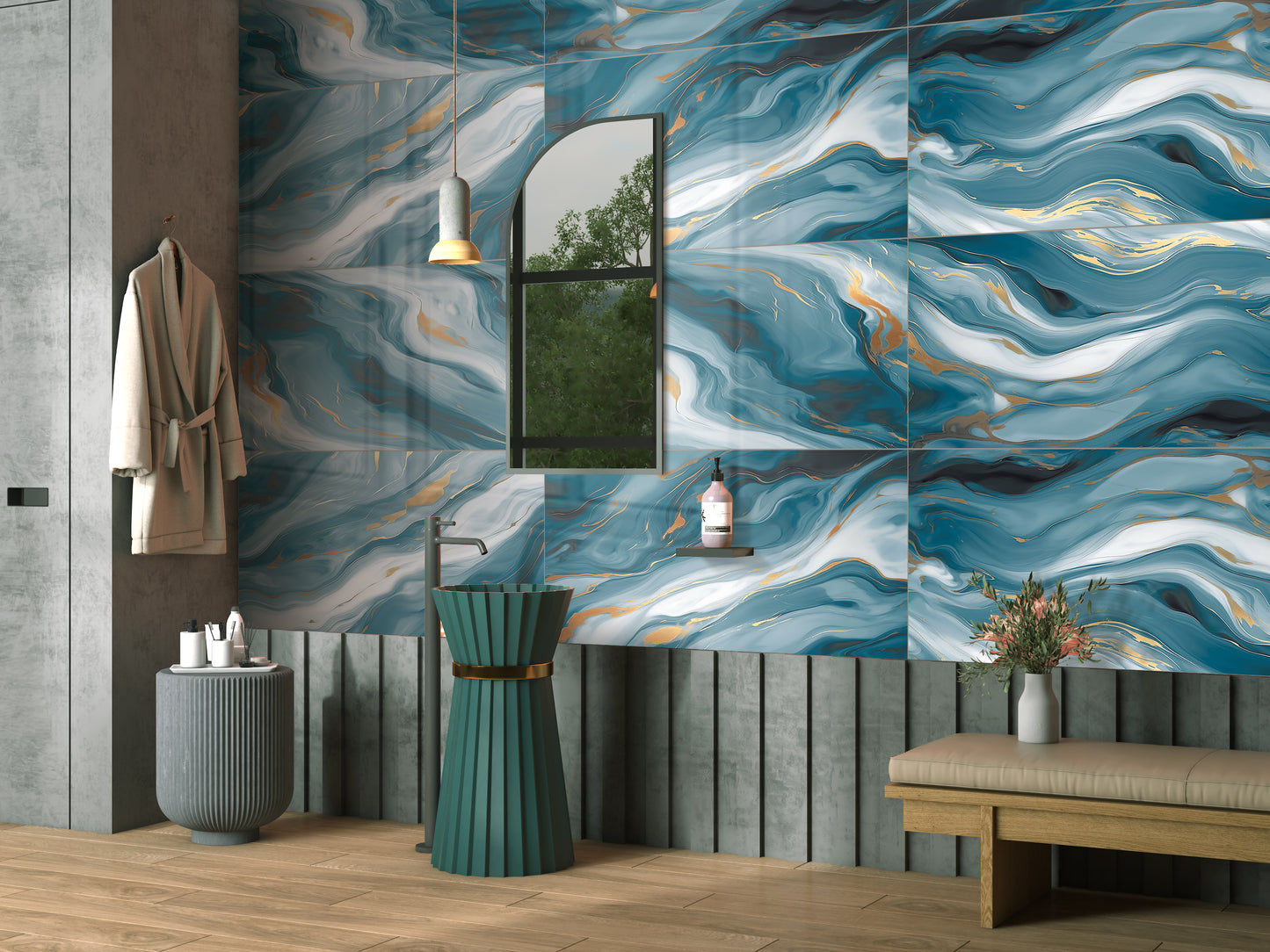Prestigious White Base with Blue & Black Patterns Porcelain Tile